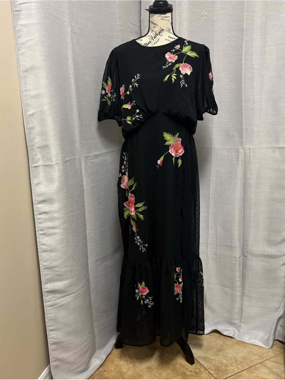 ASOS Design Black Floral Maxi Dress with Pink Rose Embroidery Sz 12